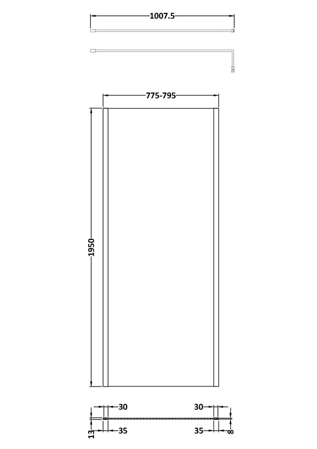 800mm Outer Framed Wetroom Screen with Support Bar