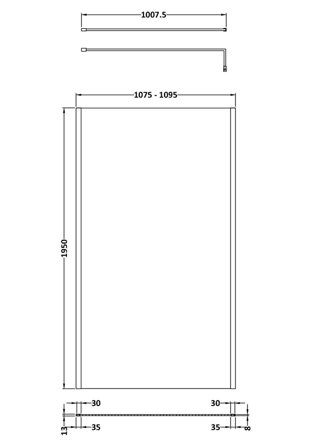 1100mm Outer Framed Wetroom Screen with Support Bar