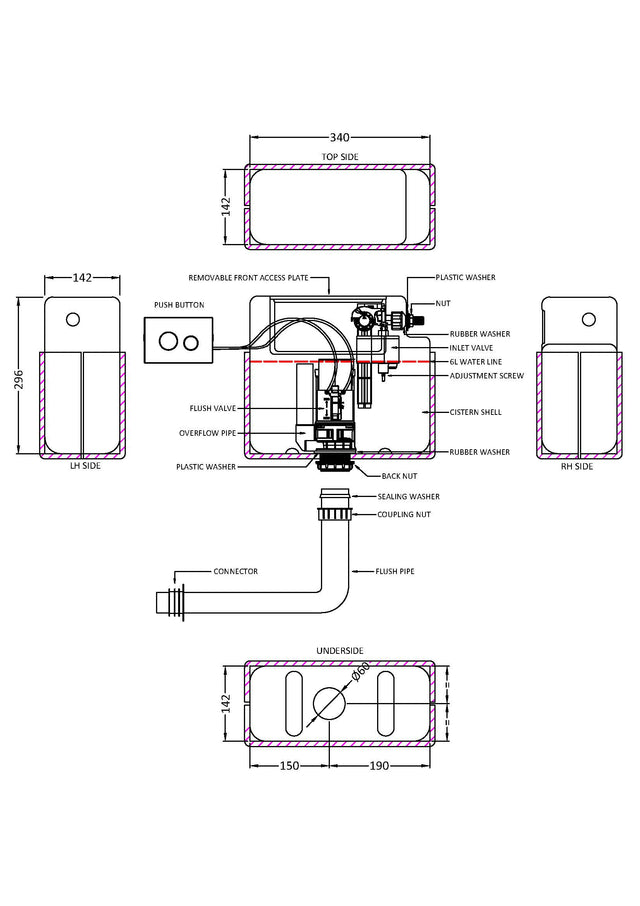 Ceramics Accessories Pneumatic Dual Flush Universal Access Concealed Cistern
