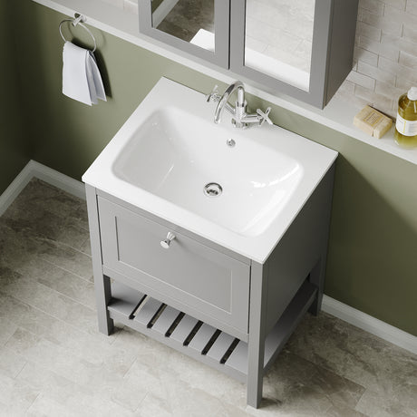 Bexley Floor Standing 1 Drawer Vanity & 1 Tap Hole Stone Basin, 600mm - Cool Grey
