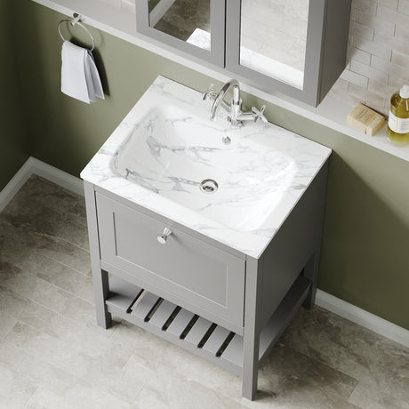 Bexley Floor Standing 1 Drawer Vanity & 1 Tap Hole Stone Basin, 600mm - Cool Grey