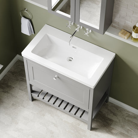 Bexley Floor Standing 1 Drawer Vanity & 0 Tap Hole Contemporary Fireclay Basin, 800mm - Cool Grey