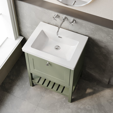 Bexley Floor Standing 1 Drawer Vanity & 0 Tap Hole Contemporary Fireclay Basin, 600mm - Fern Green
