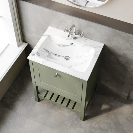 Bexley Floor Standing 1 Drawer Vanity & 1 Tap Hole Stone Basin, 600mm - Fern Green