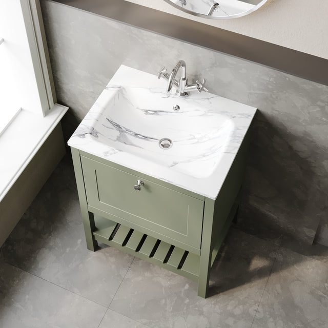 Bexley Floor Standing 1 Drawer Vanity & 1 Tap Hole Stone Basin, 600mm - Fern Green