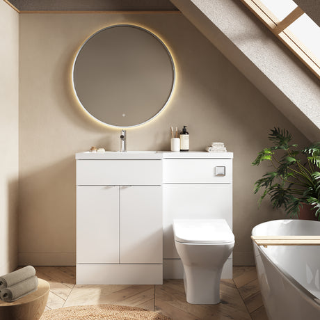 Hudson Reed Fusion 1100mm Gloss White Floor Standing 2 Door Vanity Basin & Toilet Left Hand Combination Unit