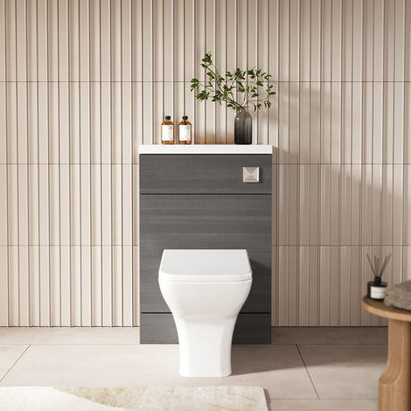 Hudson Reed Fusion 600mm Anthracite Woodgrain Compact Floor Standing Toilet Unit with Polymarble Top