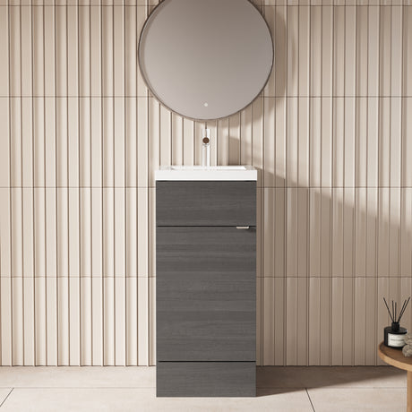 Hudson Reed Fusion 400mm Anthracite Woodgrain Floor Standing 1 Door Vanity Unit & Basin