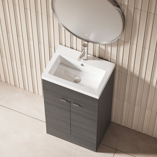 Hudson Reed Fusion 500mm Anthracite Woodgrain Floor Standing 2 Door Vanity Unit with Polymarble Basin