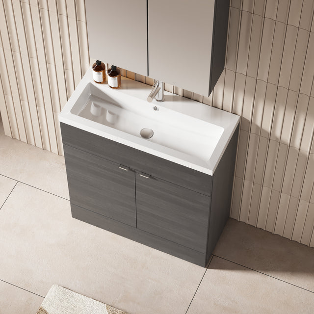 Hudson Reed Fusion 800mm Anthracite Woodgrain Floor Standing 2 Door Vanity Unit & Polymarble Basin