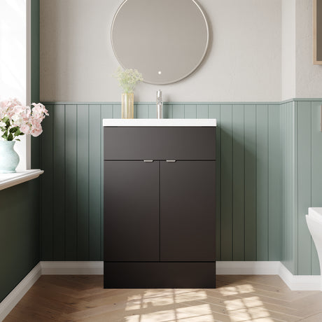 Hudson Reed Fusion 600mm Gloss Grey Floor Standing 2 Door Vanity Unit & Basin, Ready Built
