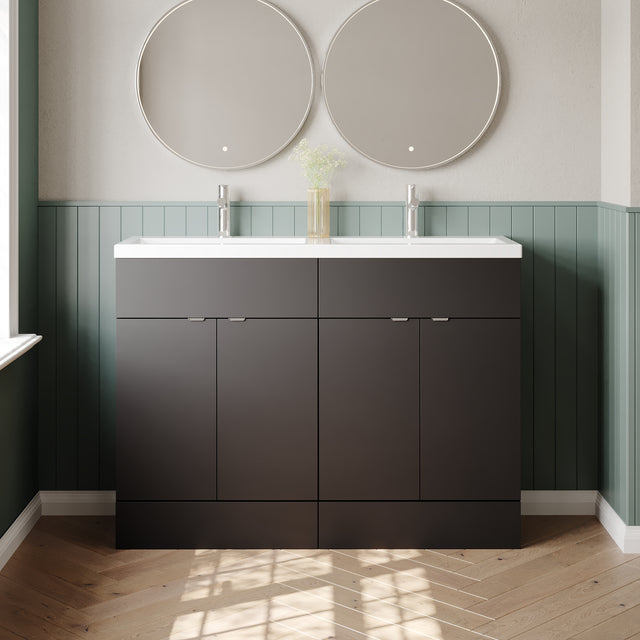 Hudson Reed Fusion 1200mm Gloss Grey Floor Standing 4 Drawer Vanity Unit With Twin Ceramic Basin