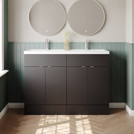 Hudson Reed Fusion 1200mm Gloss Grey Floor Standing 4 Door Vanity Unit with Twin Basin & Soft Close Doors