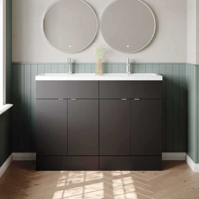 Hudson Reed Fusion 1200mm Gloss Grey Floor Standing 4 Door Vanity Unit with Twin Basin & Soft Close Doors