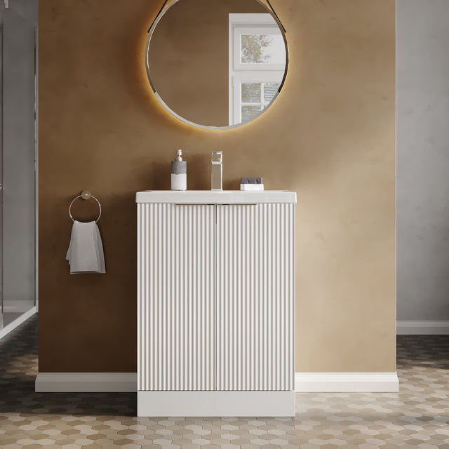 Hudson Reed Fluted 600mm Satin White Floor Standing 2-Door Vanity Unit With Basin