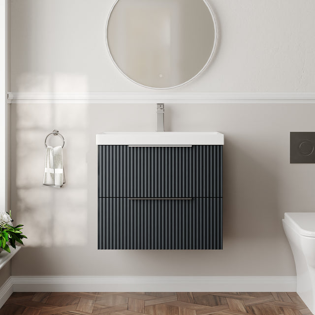 Hudson Reed Fluted 600mm Soft Black Wall Hung 2-Drawer Vanity Unit With Thin-Edge Basin