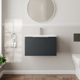 Hudson Reed Fluted 600mm Soft Black Wall Hung Single Drawer Vanity Unit With Ceramic Basin