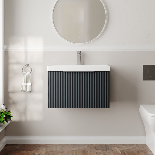 Hudson Reed Fluted 600mm Soft Black Wall Hung Single Drawer Vanity Unit With Basin