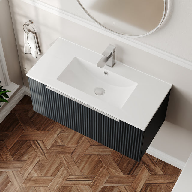 Hudson Reed Fluted 800mm Soft Black Wall Hung Single Drawer Vanity Unit With Ceramic Basin