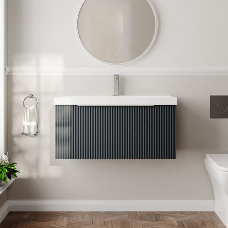 Hudson Reed Fluted 800mm Soft Black Wall Hung Single Drawer Vanity Unit With Ceramic Basin