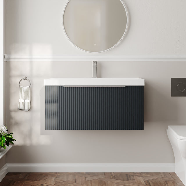 Hudson Reed Fluted 800mm Soft Black Wall Hung Single Drawer Vanity Unit With Ceramic Basin
