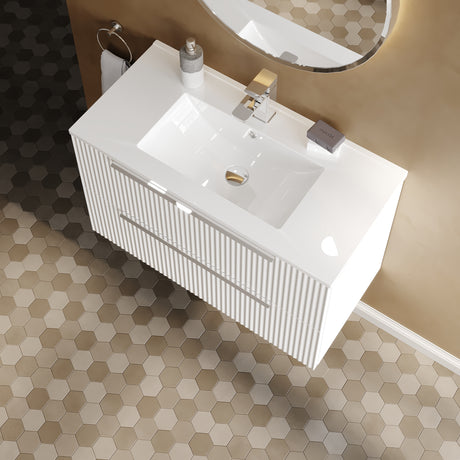 Hudson Reed Fluted 800mm Satin White Wall Hung 2-Drawer Vanity Unit With Basin