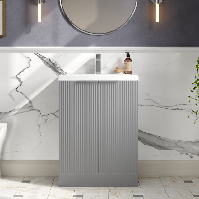 Hudson Reed Fluted 600mm Floor Standing 2-Door Vanity Unit With Basin