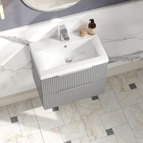 Hudson Reed Fluted 600mm Satin Grey Wall Hung 2-Drawer Vanity and Basin