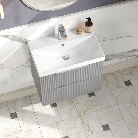 Hudson Reed Fluted 600mm Satin Grey Wall Hung 2-Drawer Vanity Unit With Ceramic Basin