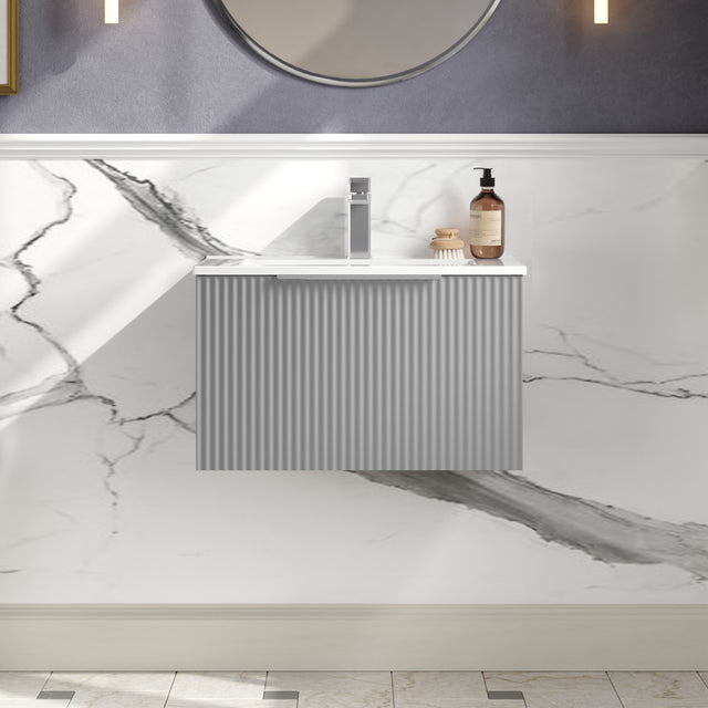 Hudson Reed Fluted 600mm Satin Grey Wall Hung Single Drawer Vanity Unit With Basin