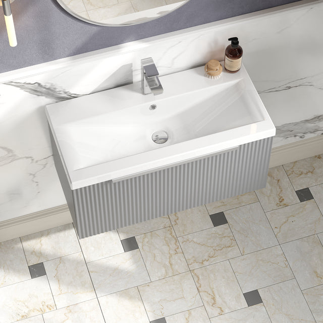 Hudson Reed Fluted 800mm Wall Hung Single Drawer Vanity Unit With Basin