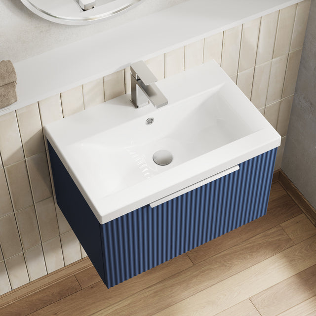 Hudson Reed Fluted Satin Blue 600mm Wall Hung Single Drawer Vanity Unit With Basin