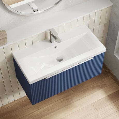 Hudson Reed Fluted 800mm Satin Blue Wall Hung Single Drawer Vanity Unit with Mid-Edge Basin