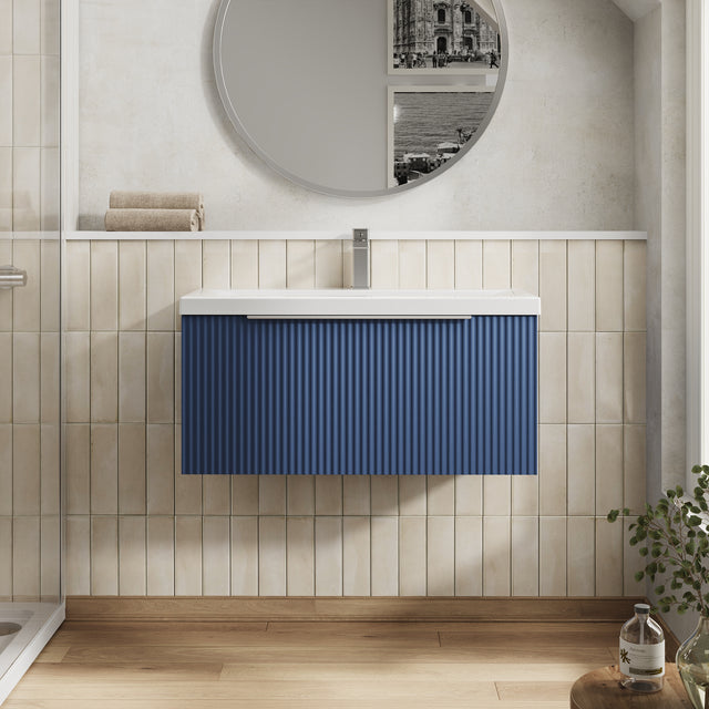 Hudson Reed Fluted 800mm Satin Blue Wall Hung Single Drawer Vanity Unit with Basin