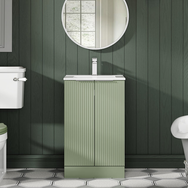 Hudson Reed Fluted 500mm Satin Green Floor Standing 2-Door Vanity Unit With Basin