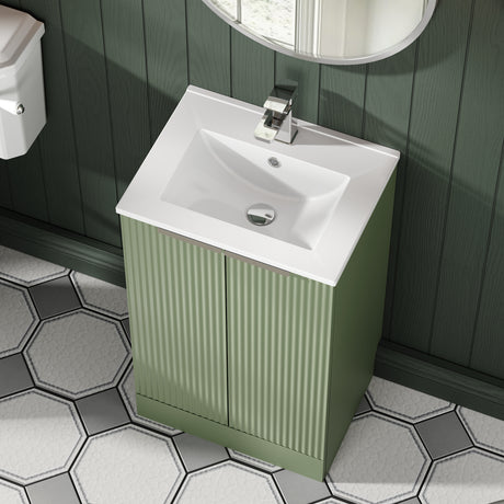 Hudson Reed Fluted 500mm Satin Green Floor Standing 2-Door Vanity Unit With Basin