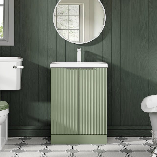 Hudson Reed Fluted 600mm Satin Green Floor Standing 2-Door Vanity Unit with Basin