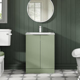 Hudson Reed Fluted 600mm Satin Green Floor Standing 2-Door Vanity Unit With Basin
