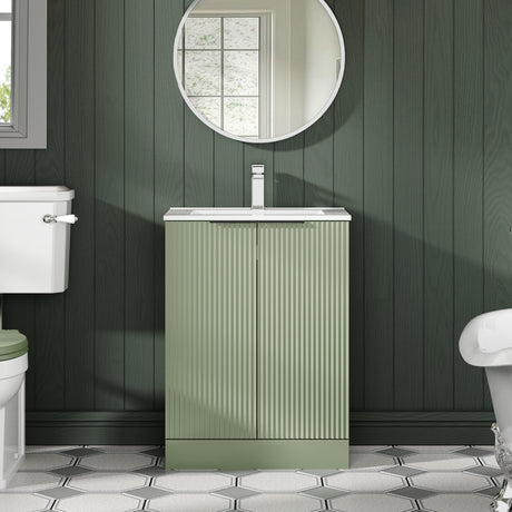 Hudson Reed Fluted 600mm Satin Green Floor Standing 2-Door Vanity Unit With Basin