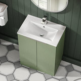 Hudson Reed Fluted 600mm Satin Green Floor Standing 2-Door Vanity Unit With Basin
