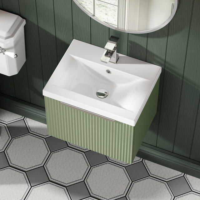 Hudson Reed Fluted 510mm Satin Green Wall Hung Single Drawer Vanity Unit With Basin