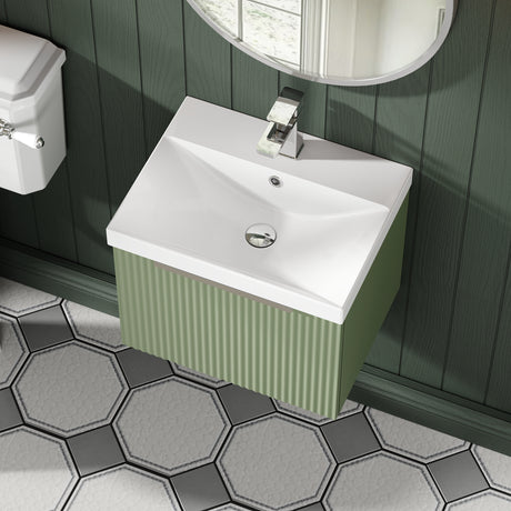 Hudson Reed Fluted 500mm Satin Green Wall Hung Single Drawer Vanity and Basin