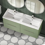 Hudson Reed Fluted 1200mm Satin Green Wall Hung 4-Drawer Vanity Unit with Polymarble Double Basin
