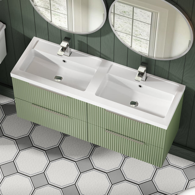 Hudson Reed Fluted 1200mm Satin Green Wall Hung 4-Drawer Vanity Unit with Polymarble Double Basin