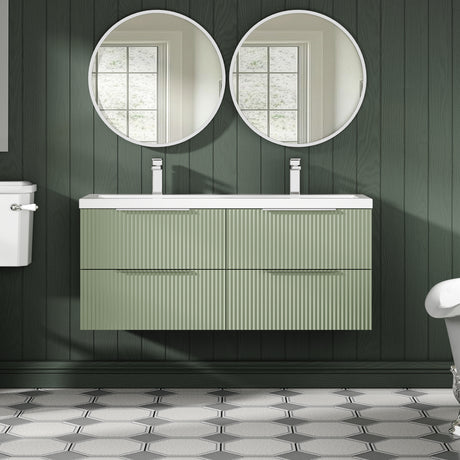 Hudson Reed Fluted 1200mm Satin Green Wall Hung 4-Drawer Vanity Unit with Double Basin