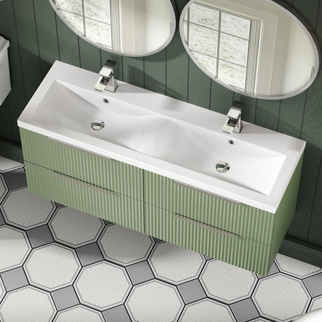 Hudson Reed Fluted 1200mm Satin Green Wall Hung 4-Drawer Vanity Unit with Double Basin