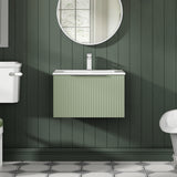 Hudson Reed Fluted 600mm Satin Green Wall Hung Single Drawer Vanity Unit With Basin