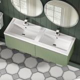 Hudson Reed Fluted 1205mm Satin Green Wall Hung 2-Drawer Vanity Unit With Double Polymarble Basin