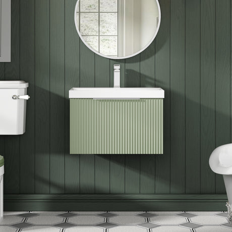 Hudson Reed Fluted 600mm Satin Green Wall Hung Single Drawer Vanity Unit With Basin