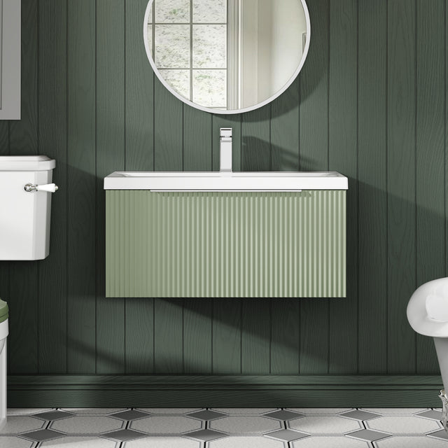 Hudson Reed Fluted 800mm Wall Hung Satin Green Single Drawer Vanity Unit Including Basin